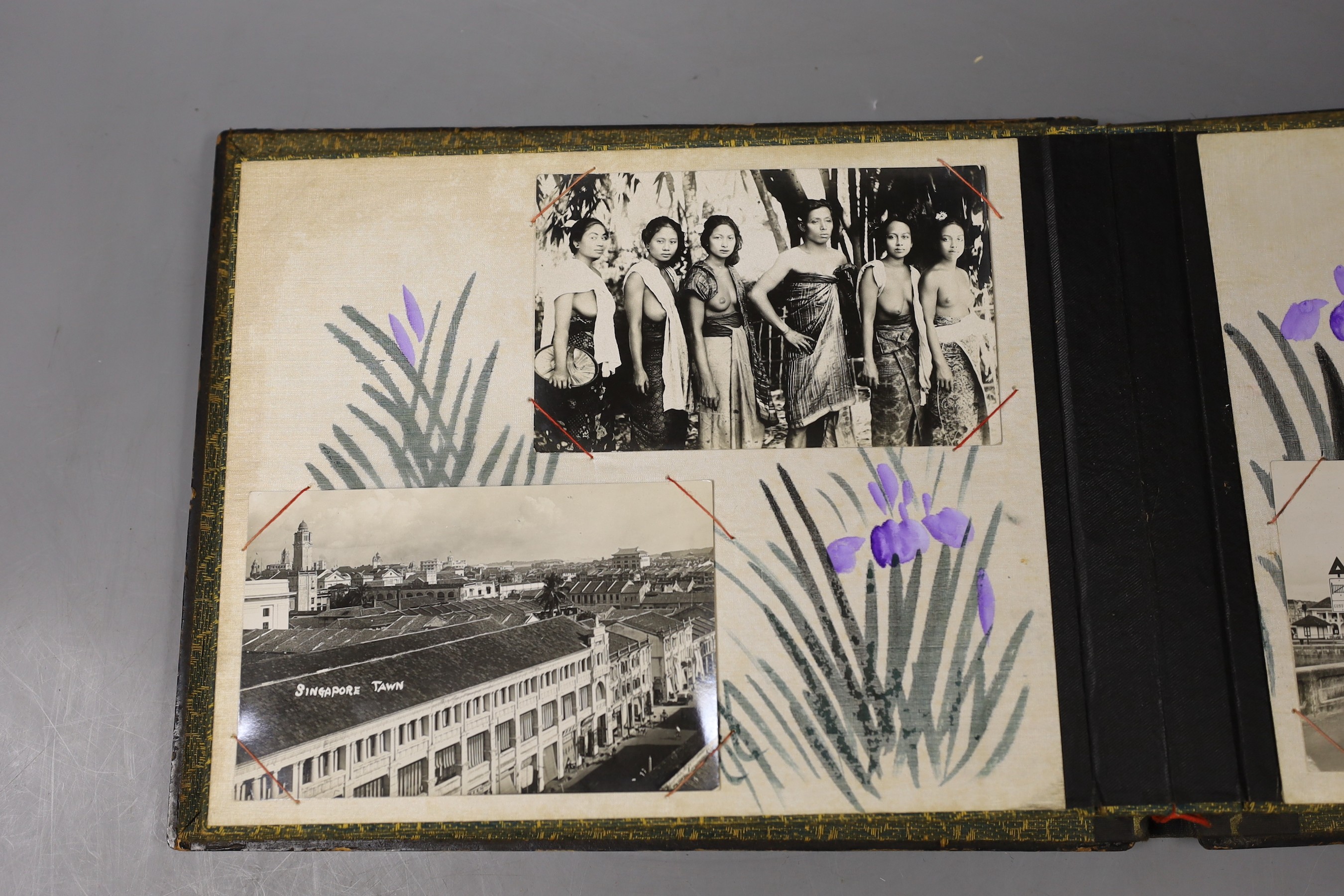 A black lacquer album containing photos of Venice, Penang and China